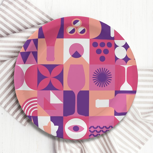 Retro Pink Purple Wine Bauhaus Cocktail Pattern Paper Plate (Creator Uploaded)