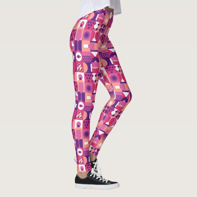 Retro Pink Purple Wine Bauhaus Pattern Leggings (Right)