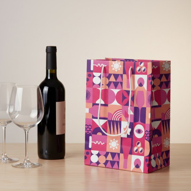 Retro Pink Purple Wine Bauhaus Pattern Medium Gift Bag (Creator Uploaded)