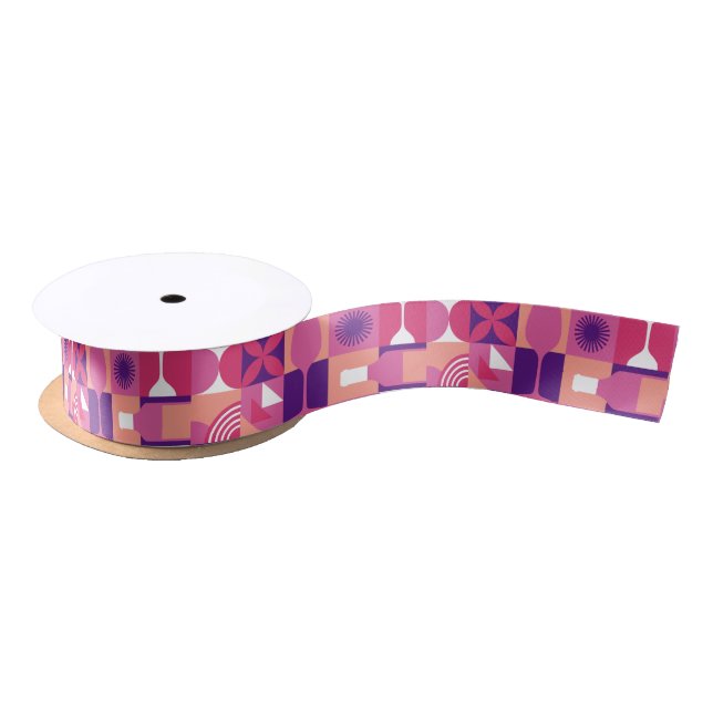 Retro Pink Purple Wine Bauhaus Pattern Satin Ribbon (Spool)