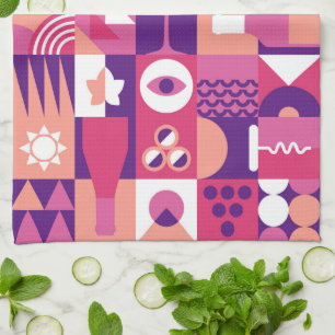 Retro Pink Purple Wine Bauhaus Pattern Tea Towel