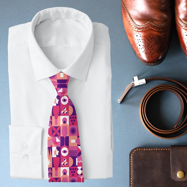 Retro Pink Purple Wine Bauhaus Pattern Tie (Creator Uploaded)