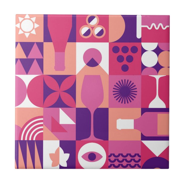 Retro Pink Purple Wine Bauhaus Pattern Tile (Front)