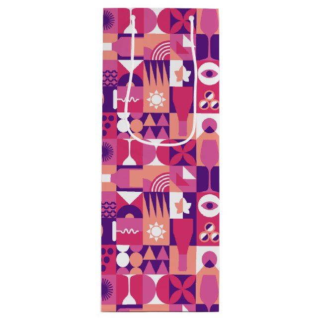 Retro Pink Purple Wine Bauhaus Pattern Wine Gift Bag (Front)
