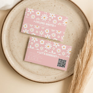Retro Pink QR Code Groovy Floral Boho Girly Unique Business Card