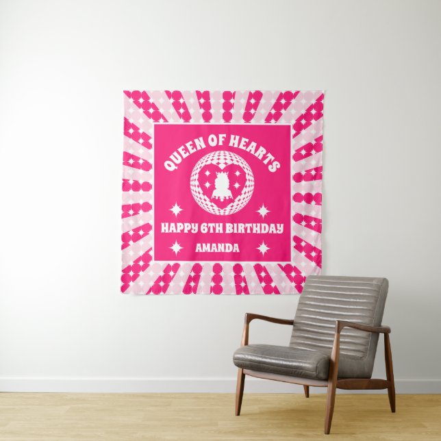 Retro Pink Queen Of Hearts Birthday Banner Tapestry (In Situ)