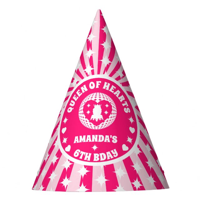Retro Pink Queen Of Hearts Birthday Party Hat (Front)