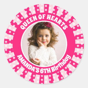 Retro Pink Queen Of Hearts Birthday Photo Classic Round Sticker