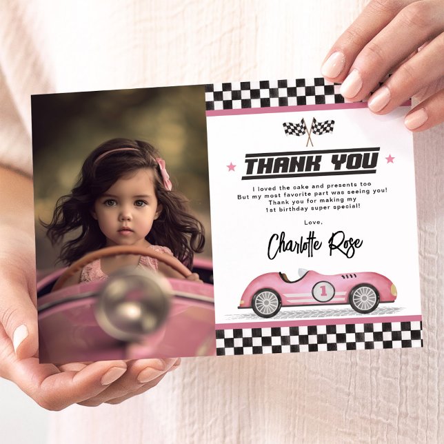 Retro Pink Race Car Girl Birthday Party Photo Thank You Card (Creator Uploaded)