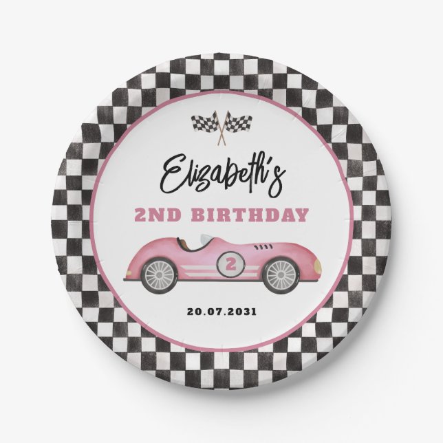 Retro Pink Race Car Two Fast Girl Birthday Paper Plate (Front)