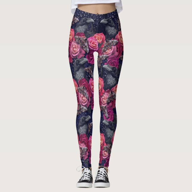 Retro Pink Raven Evermore with Roses and Hawkmoths Leggings (Front)
