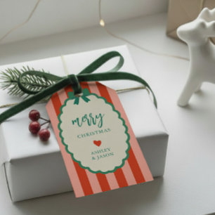 Retro Pink, Red, and Green Striped Merry Christmas Gift Tags