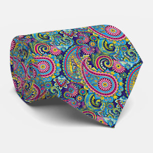 Retro Pink Red Blue Yellow Paisley Floral Pattern Tie