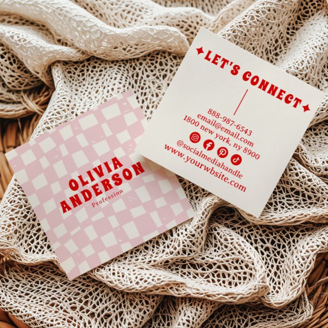 Retro Pink Red Bold 70's Groovy Chequered Girly Square Business Card (Creator Uploaded)