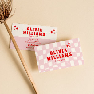 Retro Pink Red Bold Groovy Trendy Girly Chequered Business Card