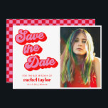 Retro Pink Red Chequerboard Bat Mitzvah Photo Save The Date<br><div class="desc">Retro Mod Groovy Bold Pink Red Chequerboard Bat Mitzvah Save the Date with Photo - available as a digital download or printed.</div>
