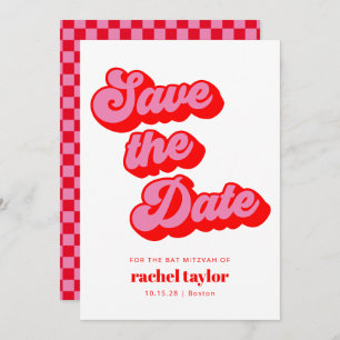 Retro Pink Red Chequerboard Bat Mitzvah  Save The Date