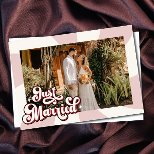 Retro Pink Red & Cream Just Married Photo Wedding Announcement