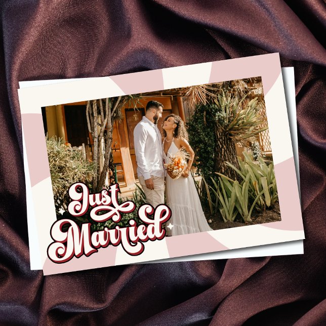 Retro Pink Red & Cream Just Married Photo Wedding Announcement (Retro Pink Red & Cream Just Married Photo Wedding Announcement)