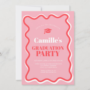 Retro pink red curve squiggle wavy graduation invitation