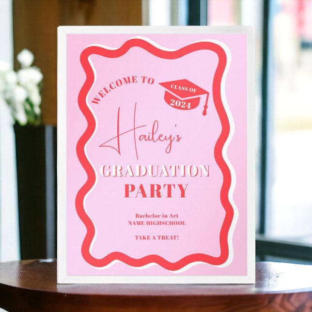 Retro pink red curve squiggle wavy graduation poster (Retro pink red curve squiggle wavy graduation poster)