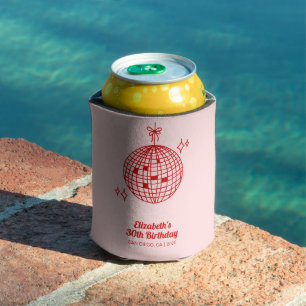 Retro Pink & Red Disco Ball Birthday Personalised Can Cooler