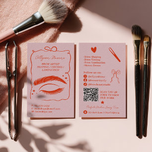 Retro Pink Red Doodles Brow Artist QR Code Business Card
