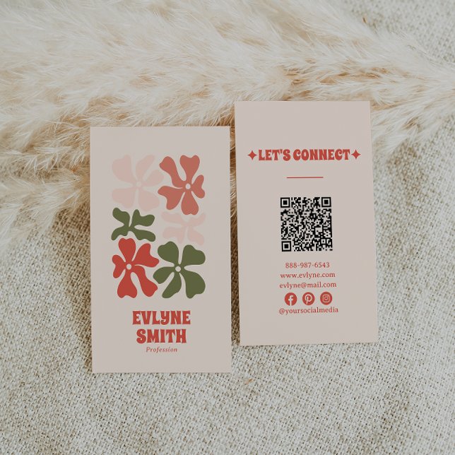 Retro Pink Red Green QR Code Groovy Floral Boho Business Card (Creator Uploaded)
