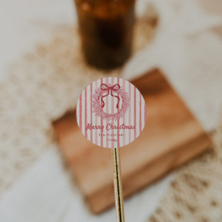 Retro Pink Red Hand Drawn Bow Wreath Christmas Classic Round Sticker