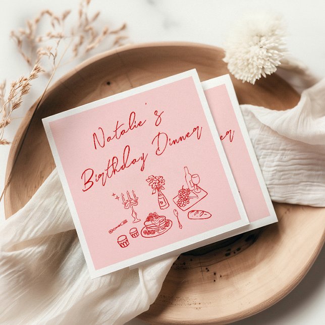 Retro Pink Red Hand Drawn Fun Birthday Dinner Napkin (Creator Uploaded)