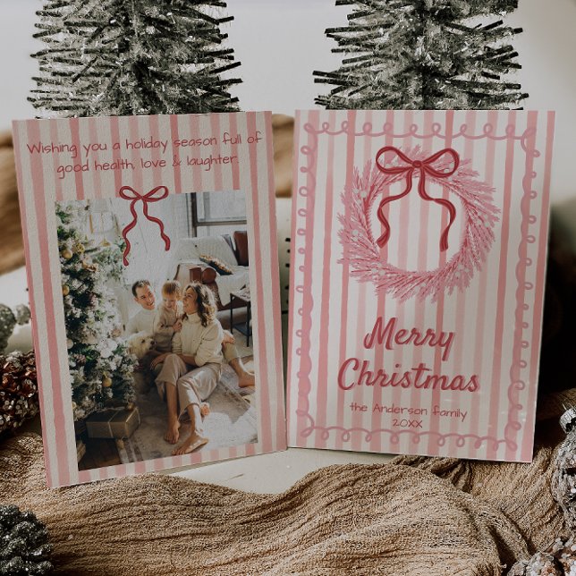  Retro Pink Red Hand Drawn Wreath Bow Christmas  Holiday Card (Creator Uploaded)