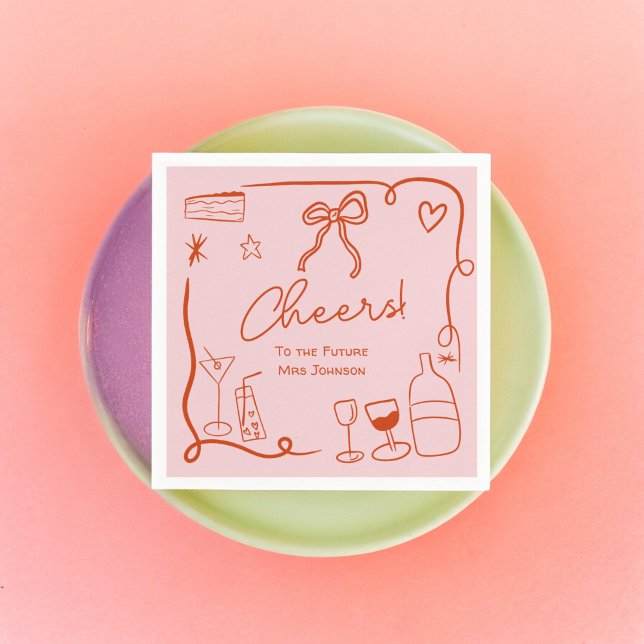 Retro pink red handdrawn illustrated bridal shower napkin (Retro pink red hand drawn illustrated bridal shower napkins)