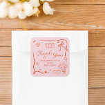 Retro pink red handdrawn illustrated bridal shower square sticker<br><div class="desc">Express your gratitude with our Retro Pink Red Bridal Shower Thank You stickers! This charming design features a delightful array of vintage-inspired elements, including balloons, cameras, hearts, and a beautiful bouquet of flowers in a vase. Framed by a whimsical squiggly wavy ribbon, each detail adds warmth and personality to your...</div>