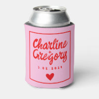 Retro Pink &Red Handwriting Wedding Can Cooler