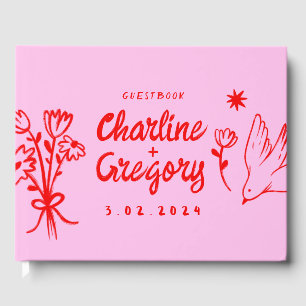 Retro Pink Red Handwriting Wedding Guest Book