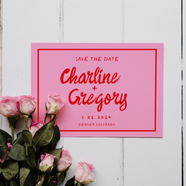 Retro Pink &Red Handwriting Wedding Save the Date (Creator Uploaded)