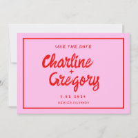 Retro Pink Red Handwriting Wedding Save the Date