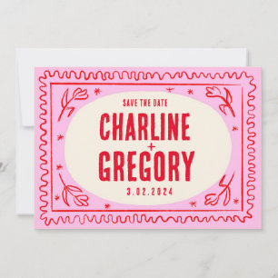 Retro Pink Red Handwriting Wedding Save the Date Invitation