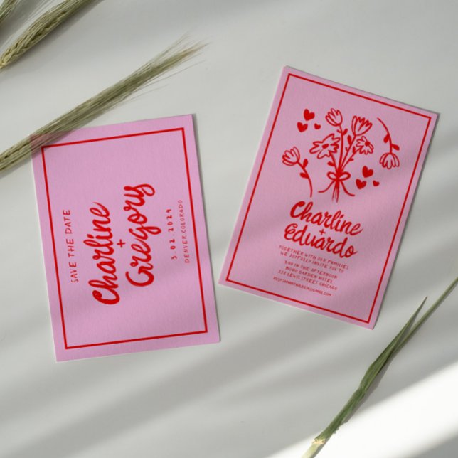 Retro Pink Red Handwriting Wedding Save the Date Invitation (Creator Uploaded)