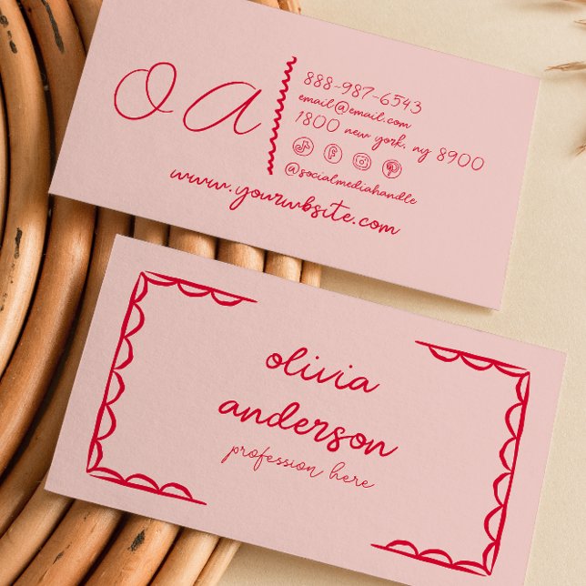 Retro Pink Red Handwritten Drawn Quirky Boho Girly Business Card (Creator Uploaded)