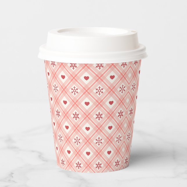 Retro Pink, Red Heart And Snowflakes Pattern Paper Cups (Front)
