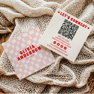 Retro Pink Red QR Code Groovy Chequered Girly Boho Square Business Card