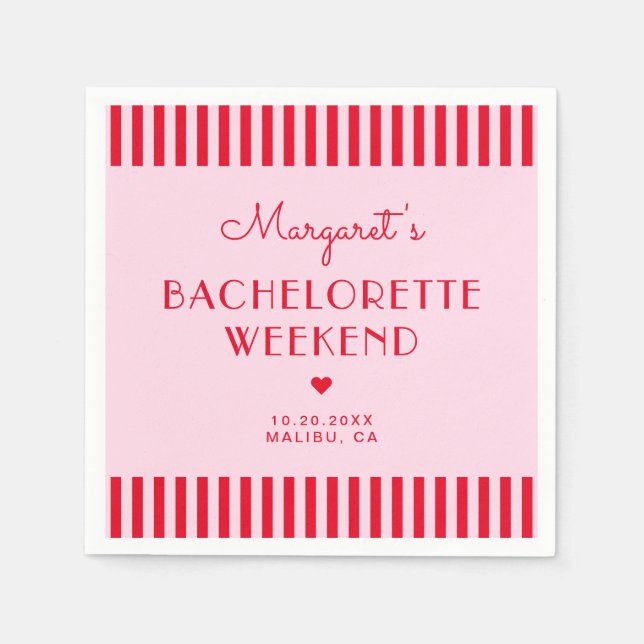 Retro Pink & Red Stripes Bachelorette Weekend Napkin (Front)