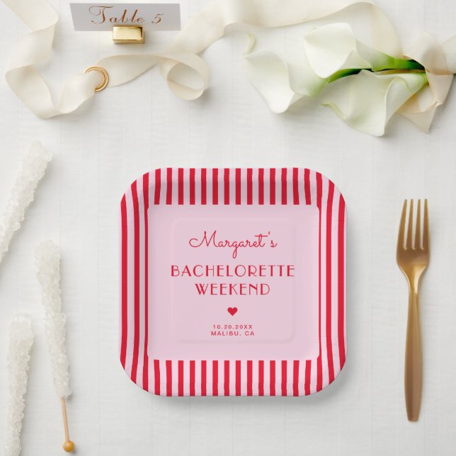 Retro Pink & Red Stripes Bachelorette Weekend Paper Plate (Wedding)