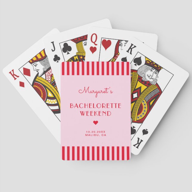 Retro Pink & Red Stripes Bachelorette Weekend Playing Cards (Back)