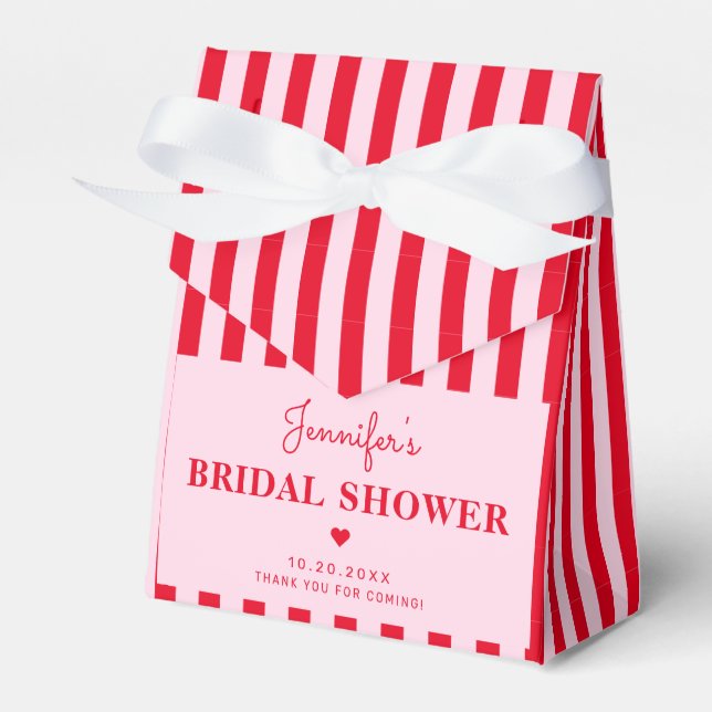 Retro Pink & Red Stripes Bridal Shower Custom Favour Box (Front Side)