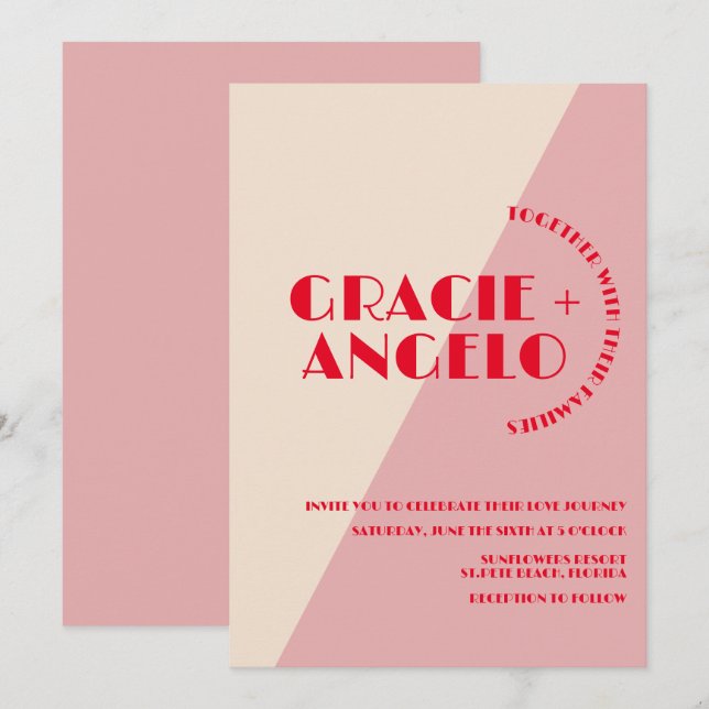 Retro Pink Red Two Tones Wedding Invitation (Front/Back)