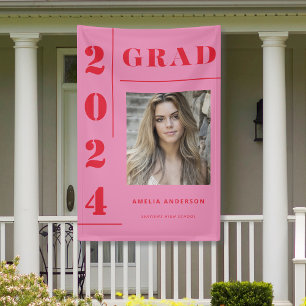 Retro Pink Red Typography Photo Graduation Party Banner