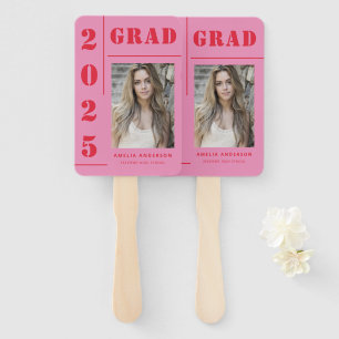 Retro Pink Red Typography Photo Graduation Party Hand Fan