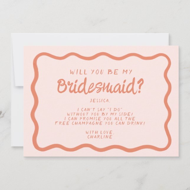 Retro Pink &Red Wavy  Bridesmaid Proposal  Invitation (Front)